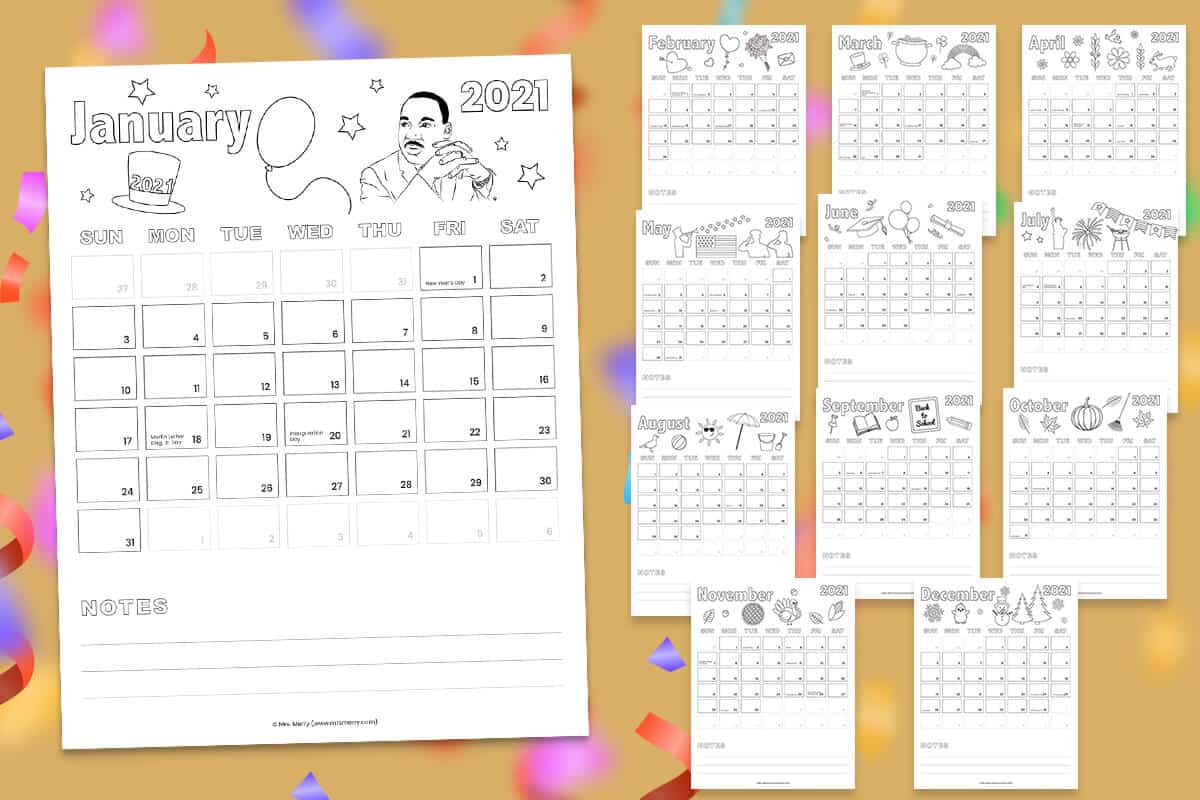 Free printable coloring calendar mrs merry