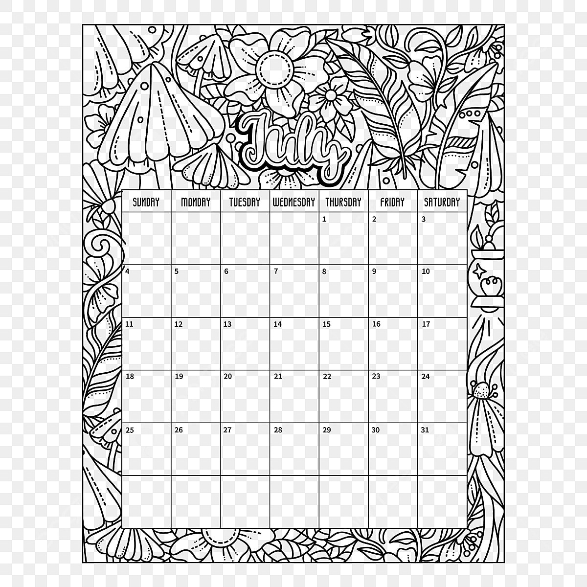 July calendar png image line style july coloring card calendar july coloring card calendar png image for free download