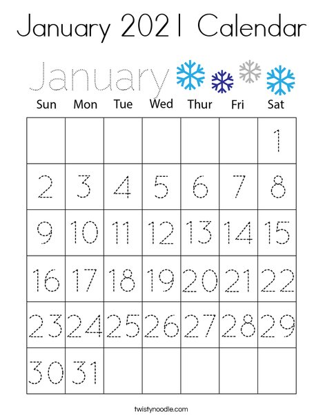 January calendar coloring page