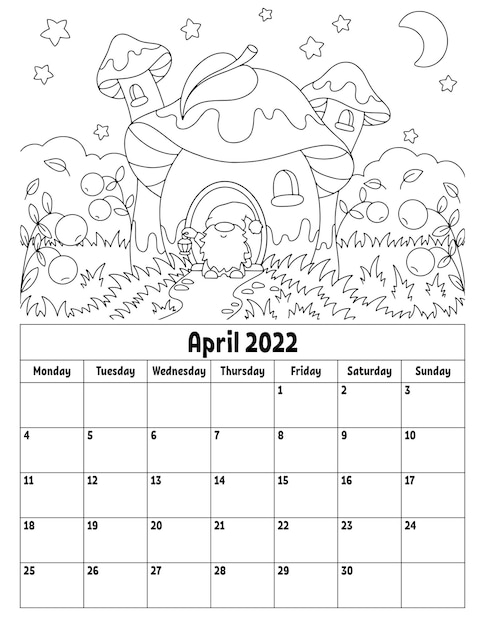 Premium vector vertical calendar for with a cute character coloring page for kids week starts on monday isolated vector illustration cartoon style
