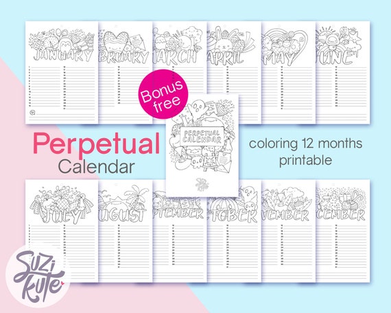 Cute coloring calendar printable months planner coloring printable kawaii coloring page for kids coloring undated calendar