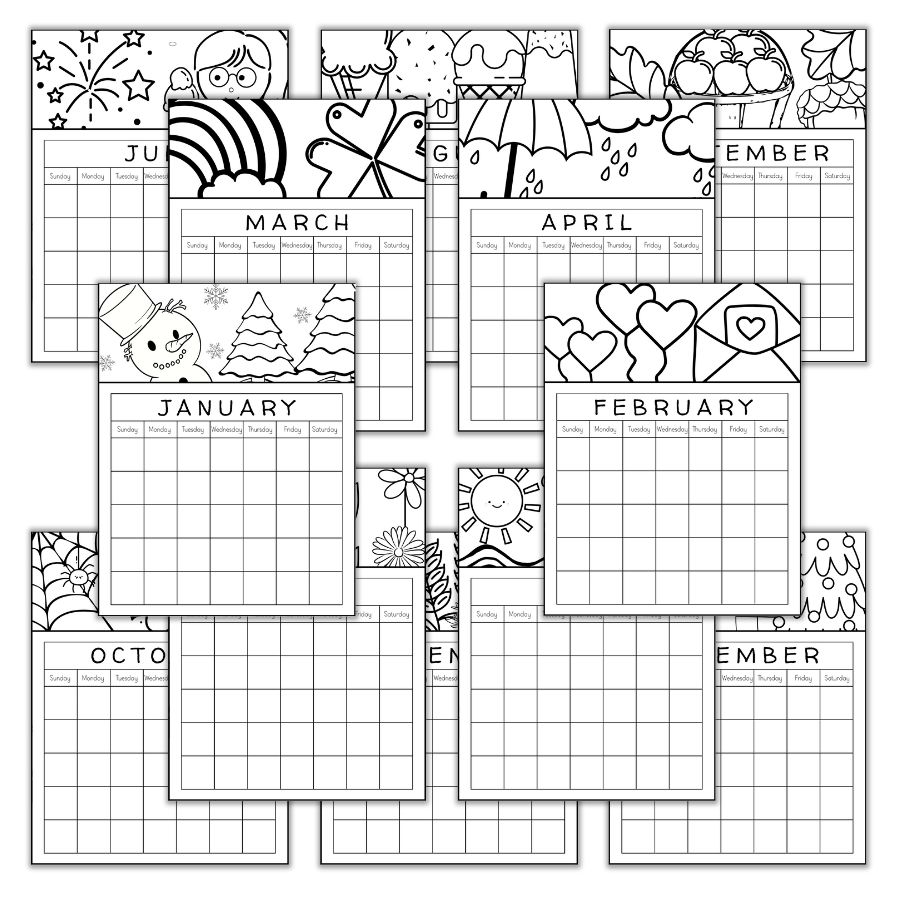 Printable monthly calendar your kids will love to color