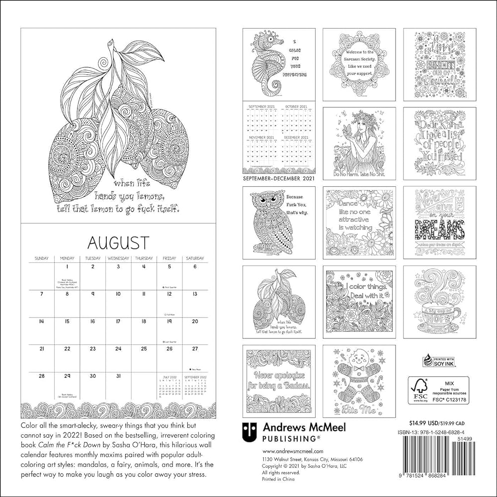 Calm the fck down coloring wall calendar irreverent adult coloring ohara sasha books