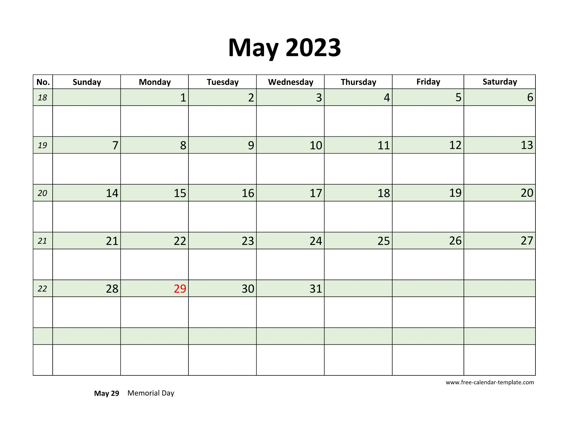 Free may calendar coloring on each day horizontal free