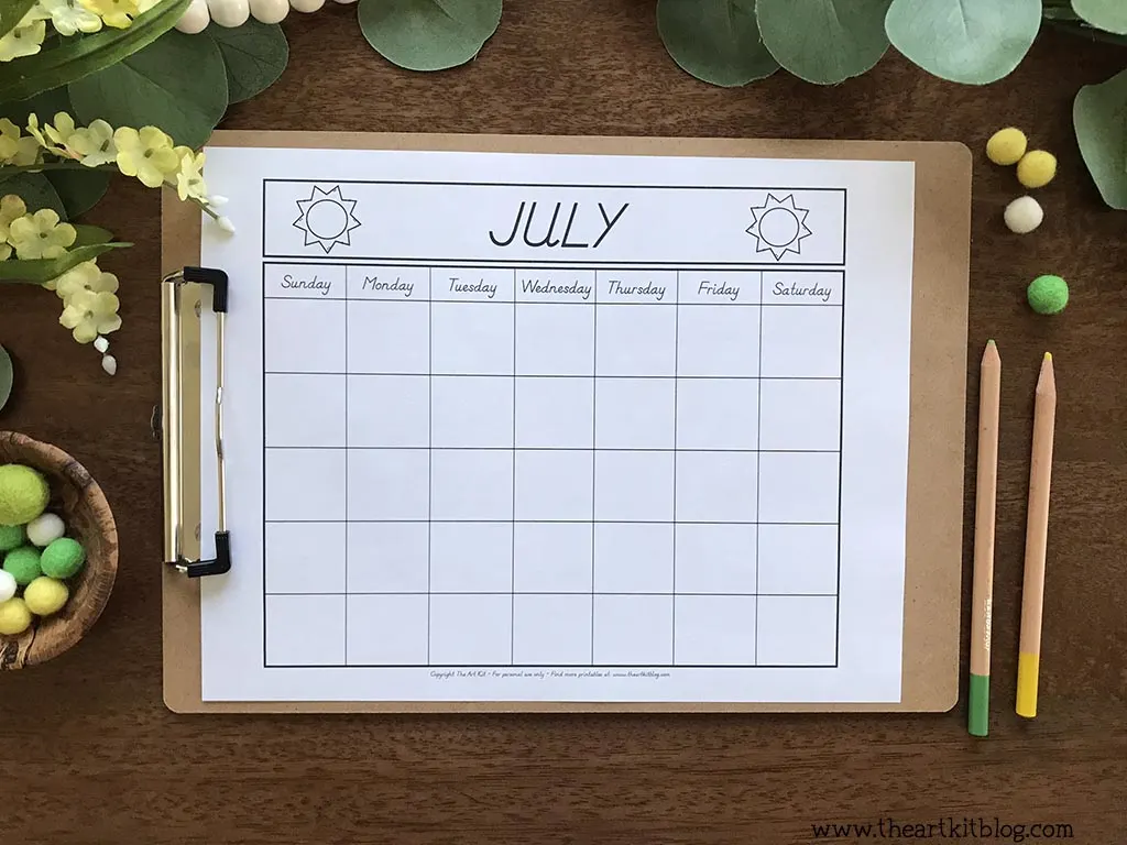July undated monthly calendar coloring page download free printables â the art kit