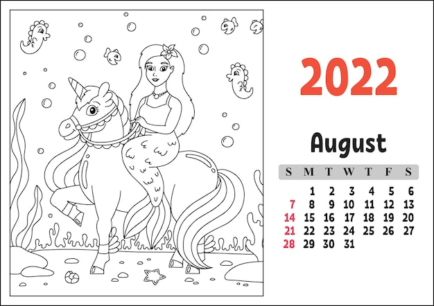 Premium vector calendar for with a cute character fairy unicorn coloring page