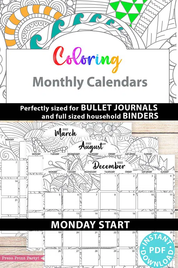 Monday start monthly printable calendars adult coloring