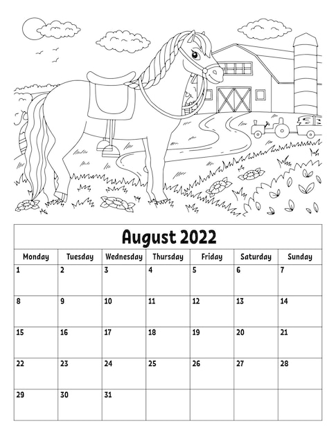 Premium vector vertical calendar for with a cute character coloring page for kids week starts on monday isolated vector illustration cartoon style