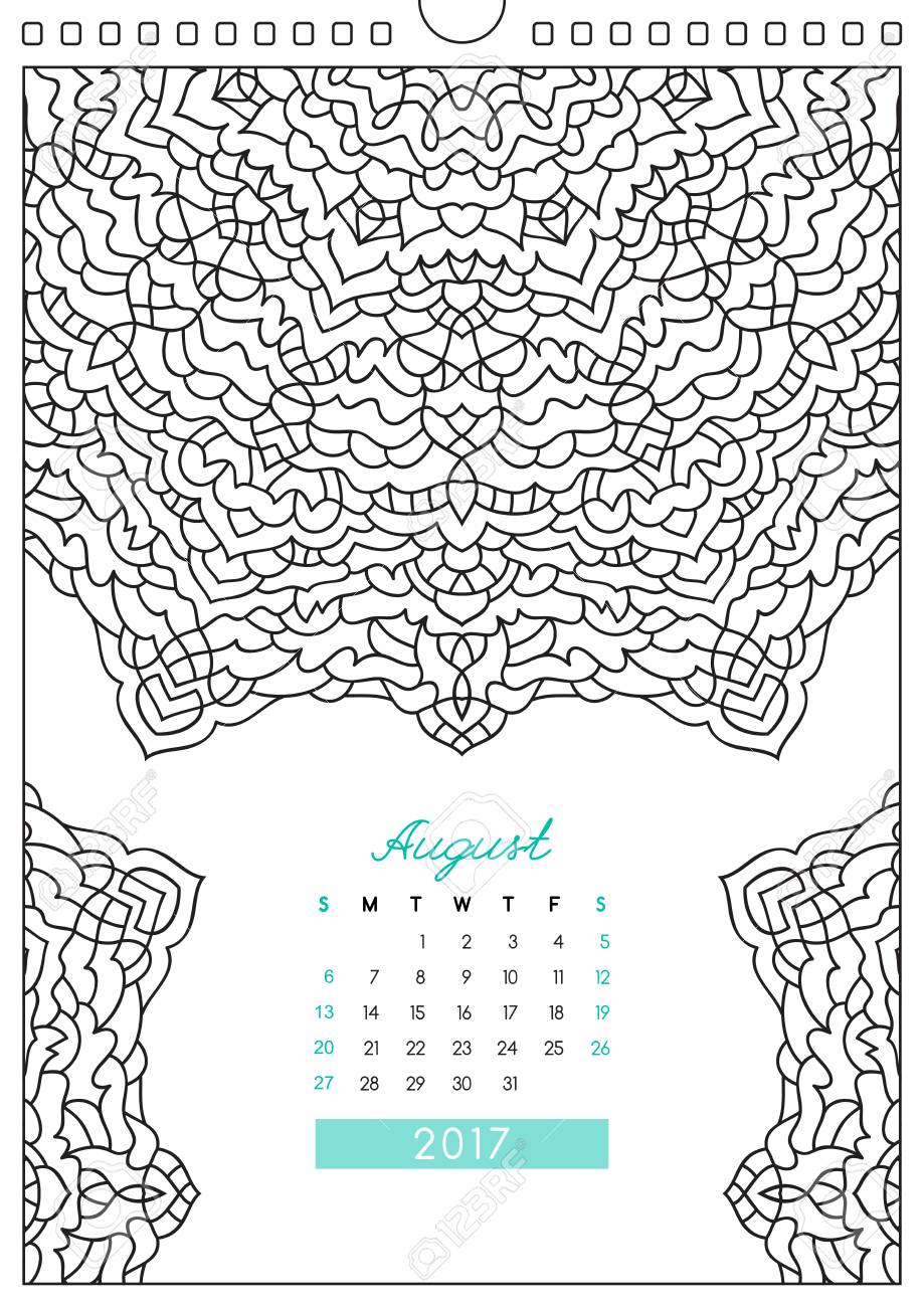 Wall calendar with ornament for coloring anti stress coloring book august royalty free svg cliparts vectors and stock illustration image