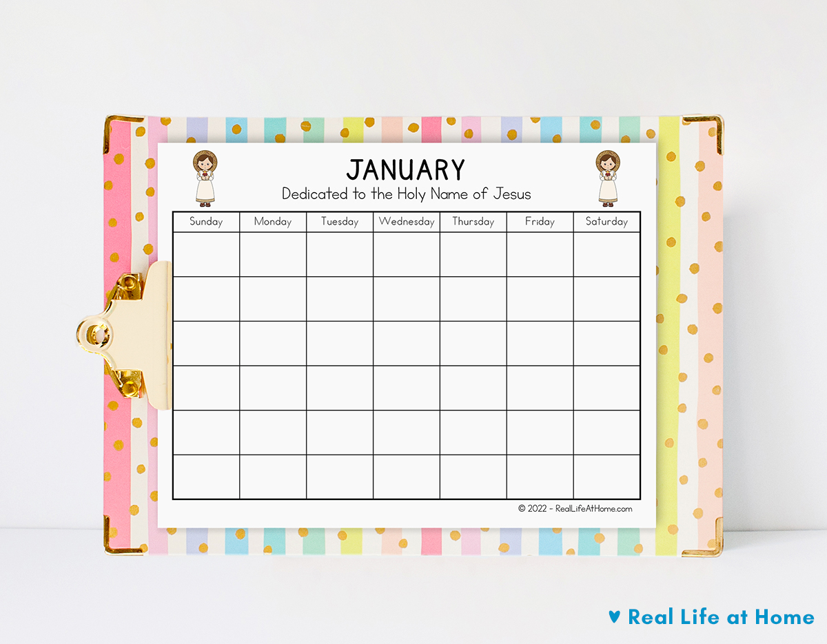 Catholic daily learning notebook calendar and coloring page printables