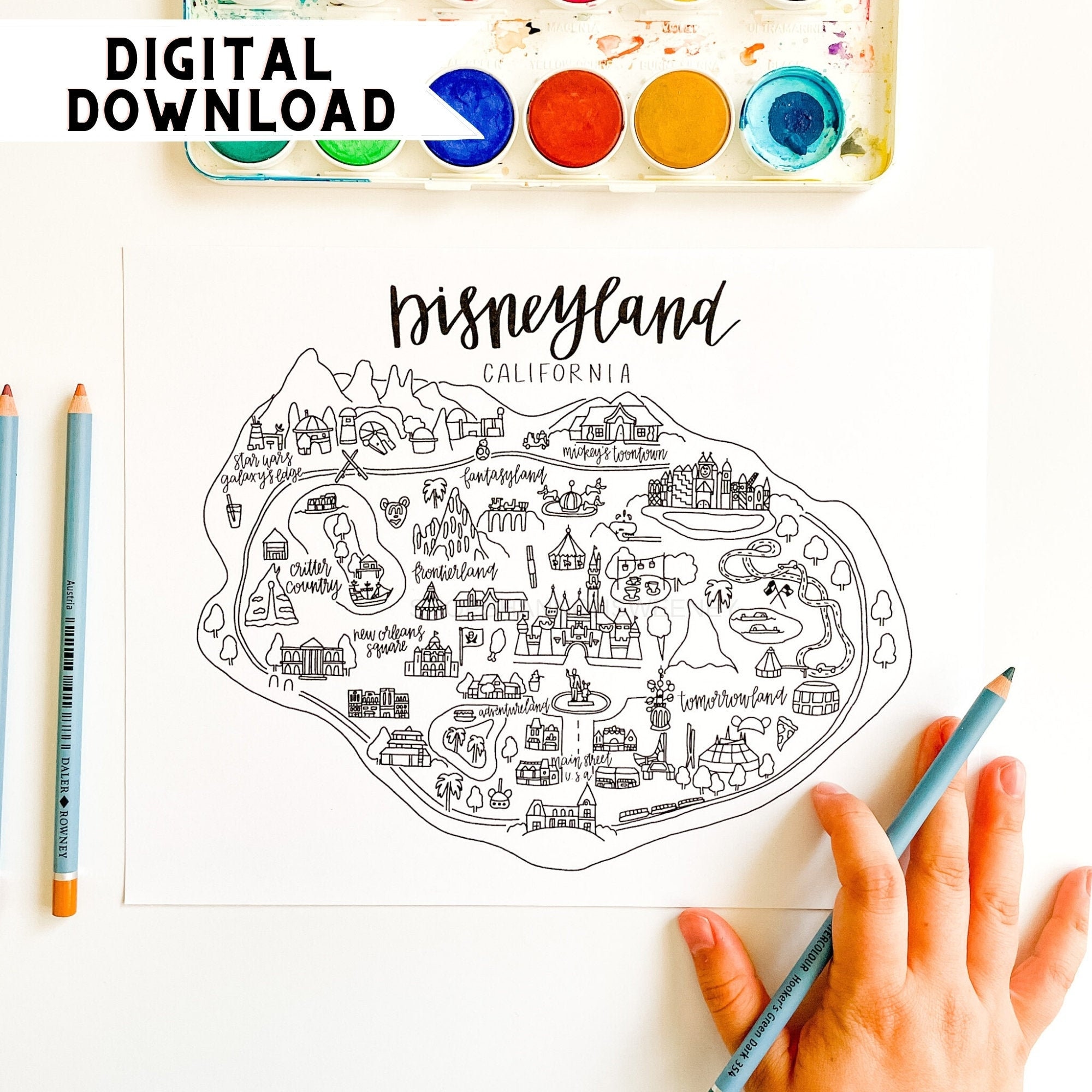 Disneyland map coloring page digital download disneyland print out disneyland art disneyland sticker disneyland watercolor
