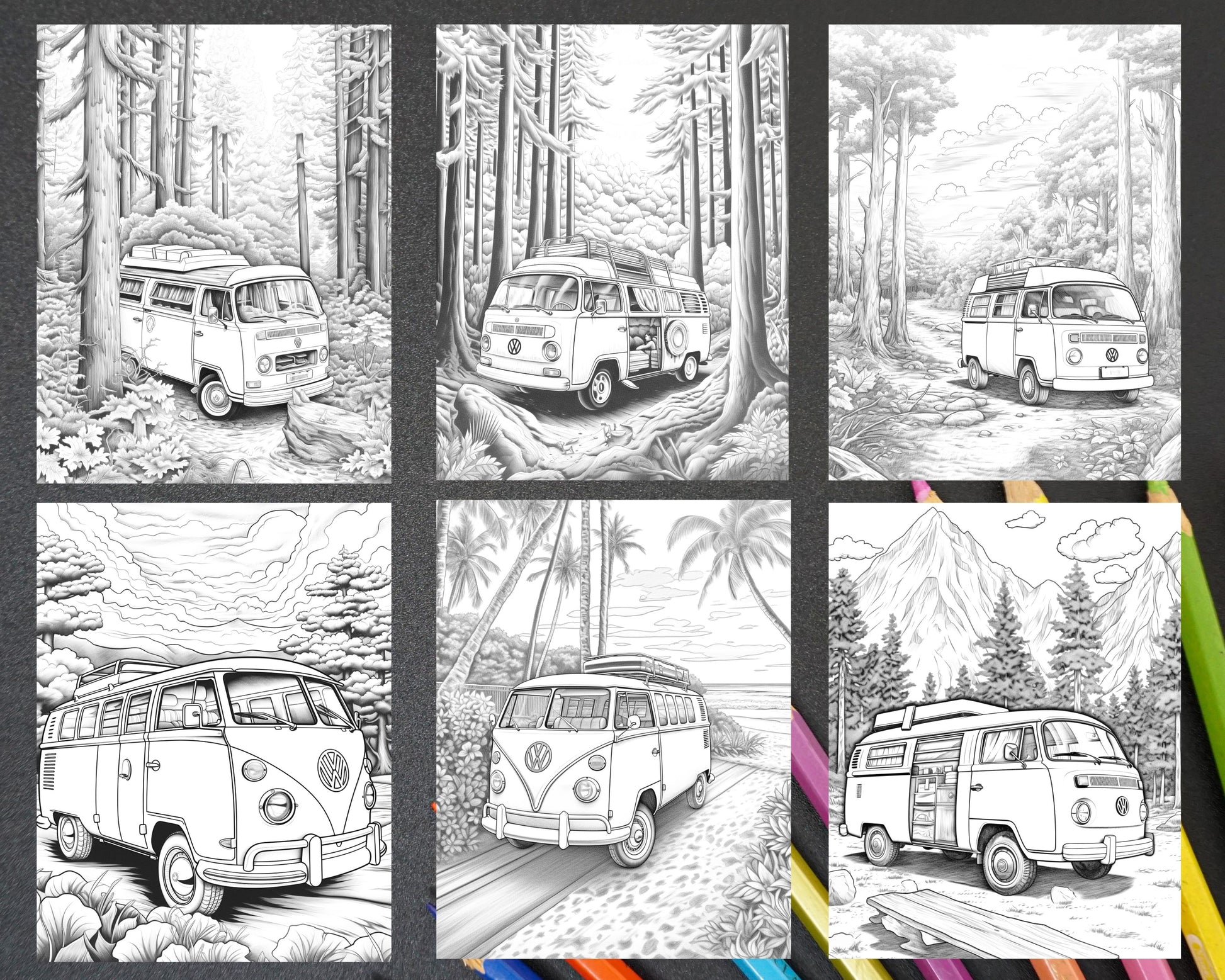 Campervan adventure grayscale coloring pages printable for adults â coloring