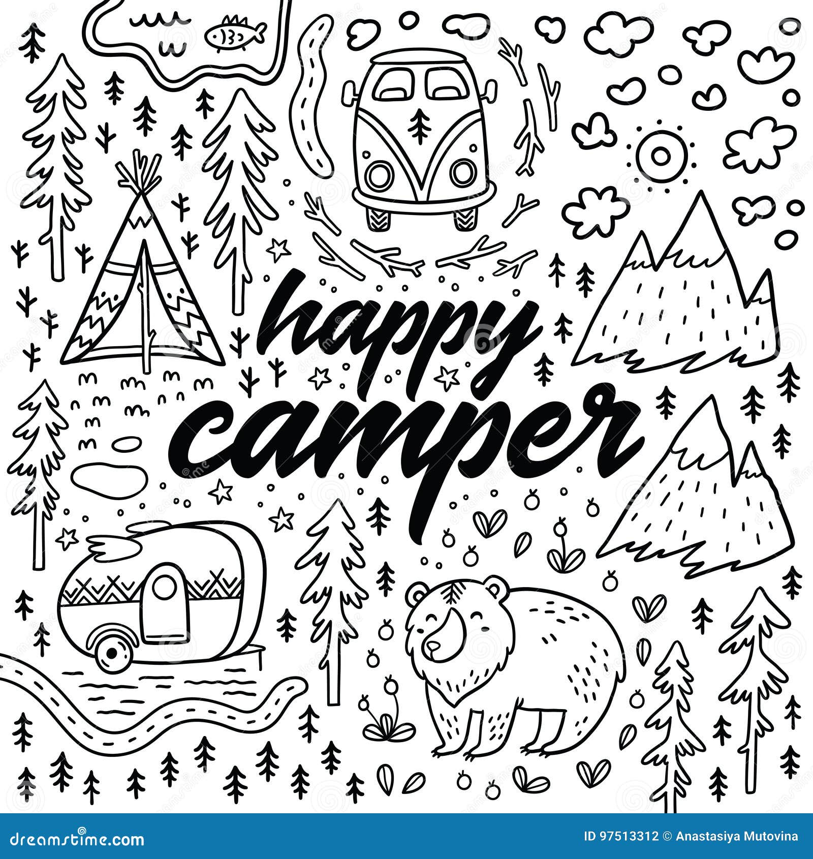 Happy camper vector hand drawn card cartoon camping print stock vector