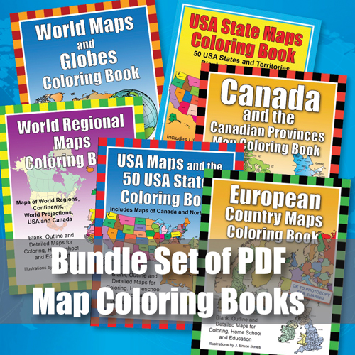 World of maps printable pdf coloring books bundle