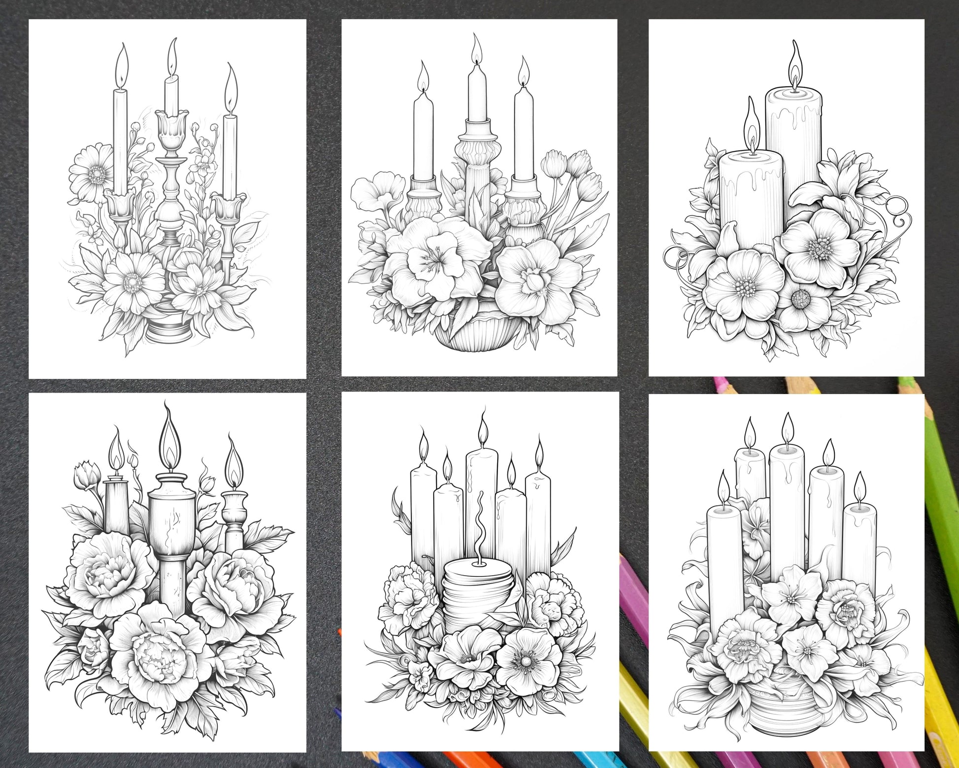 Flower candles grayscale coloring pages printable for adults pdf f â coloring
