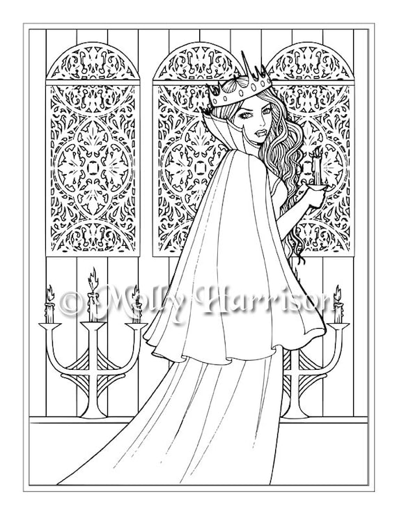 Vampire queen with candle instant download printable halloween fantasy molly harrison fantasy art coloring page jpg x