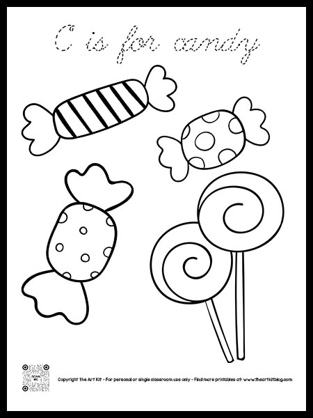 Cute c is for candy coloring page cursive font â the art kit