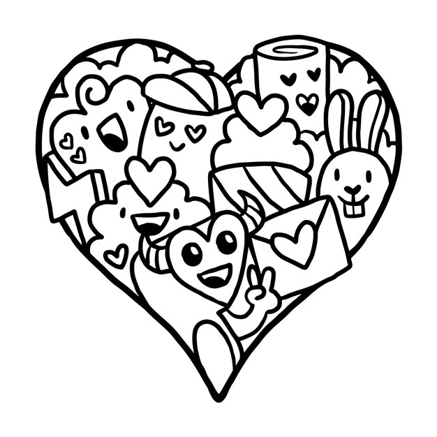 Premium vector heart doodle cute valentine coloring page