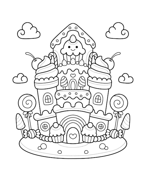 Premium vector candy castle house coloring page illustration