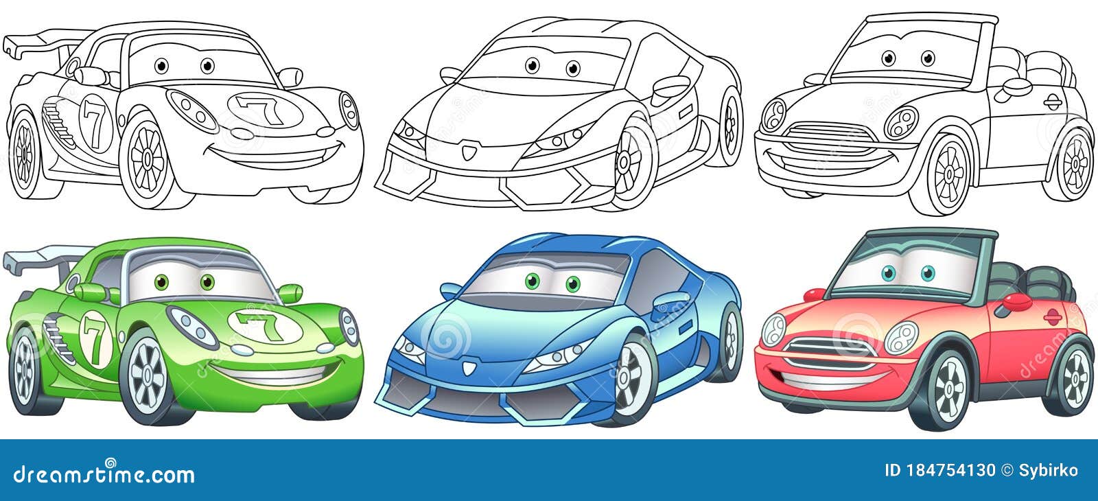 Cartoon cars coloring pages set stock vector