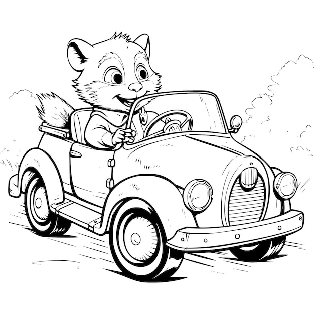 Premium vector animals riding a car coloring pages drawing for kids