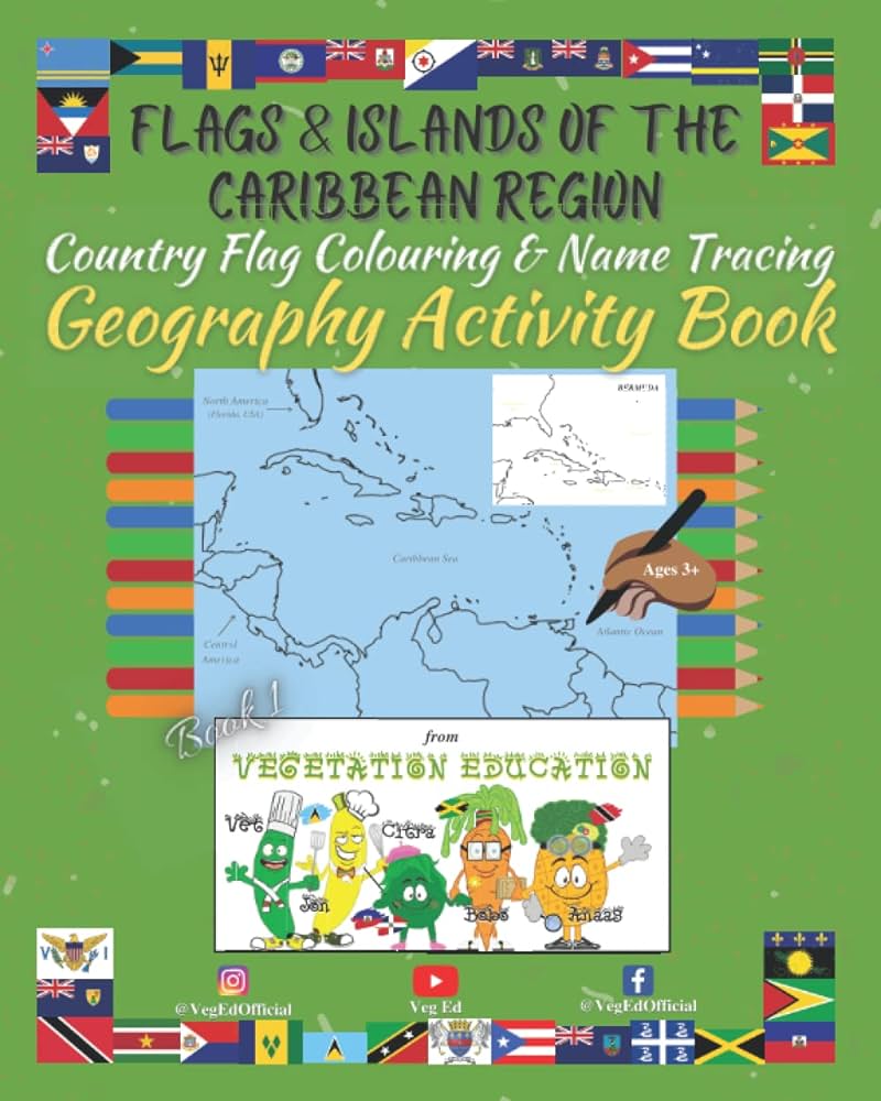 Flags islands of the caribbean region country flag colouring name tracing geography activity book book from vegetation education grind media books