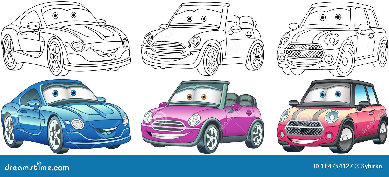 Cartoon cars coloring pages set stock vector