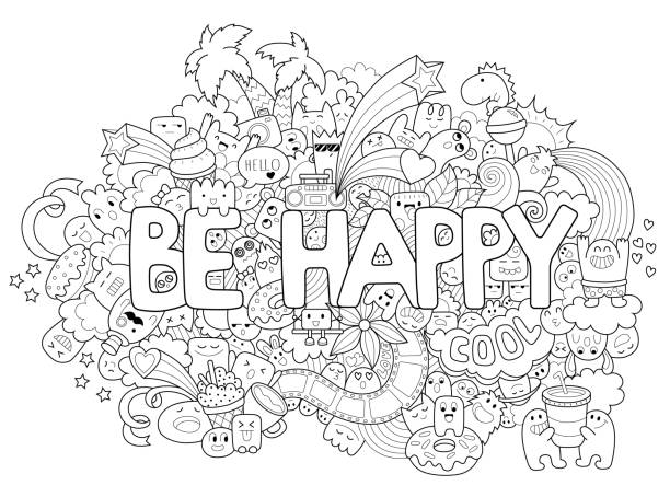 Printable coloring page for adults with cartoon characters hand drawn vector illustration freehand sketch for adult anti stress coloring book page stock illustration