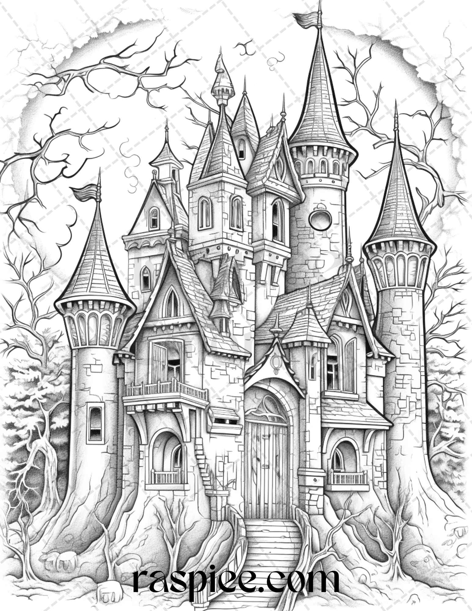 Haunted castles grayscale coloring pages printable halloween color â coloring