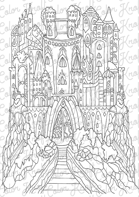 Fairy castle printable coloring page digital download color pages