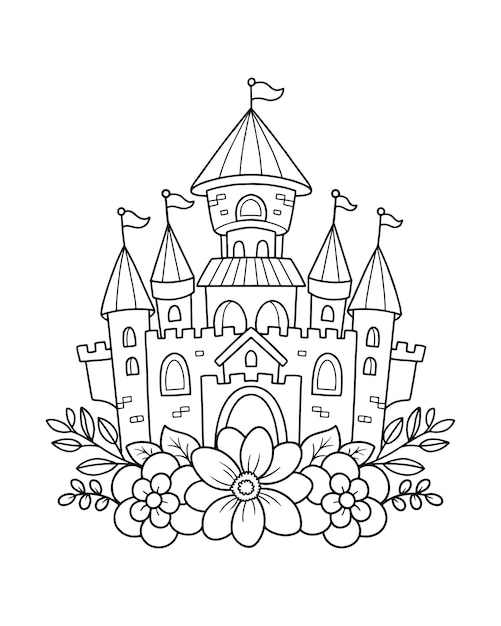 Premium vector printable castle with flowers coloring pages illustration