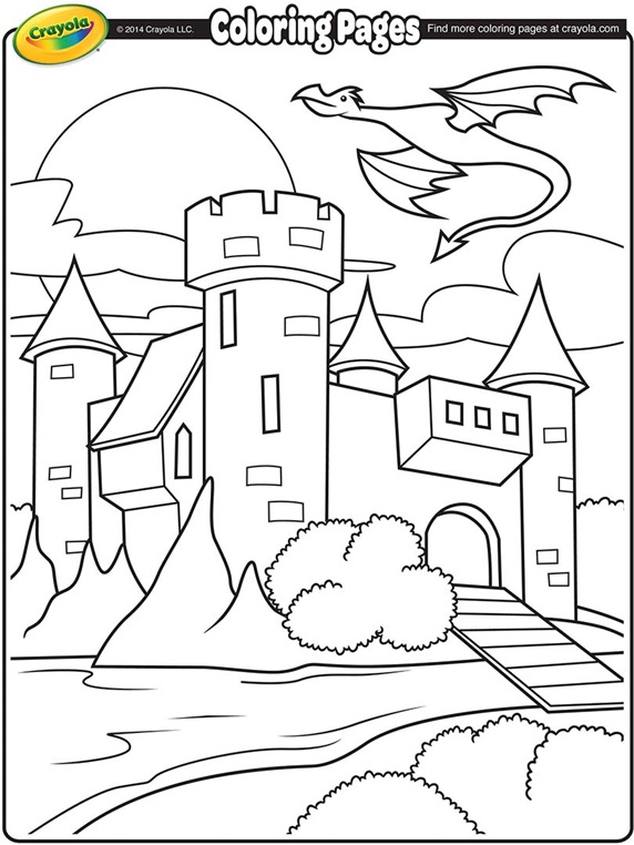 Castle with dragon flying above coloring page