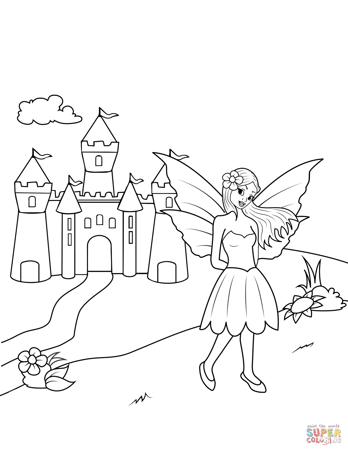Fairy near castle coloring page free printable coloring pages