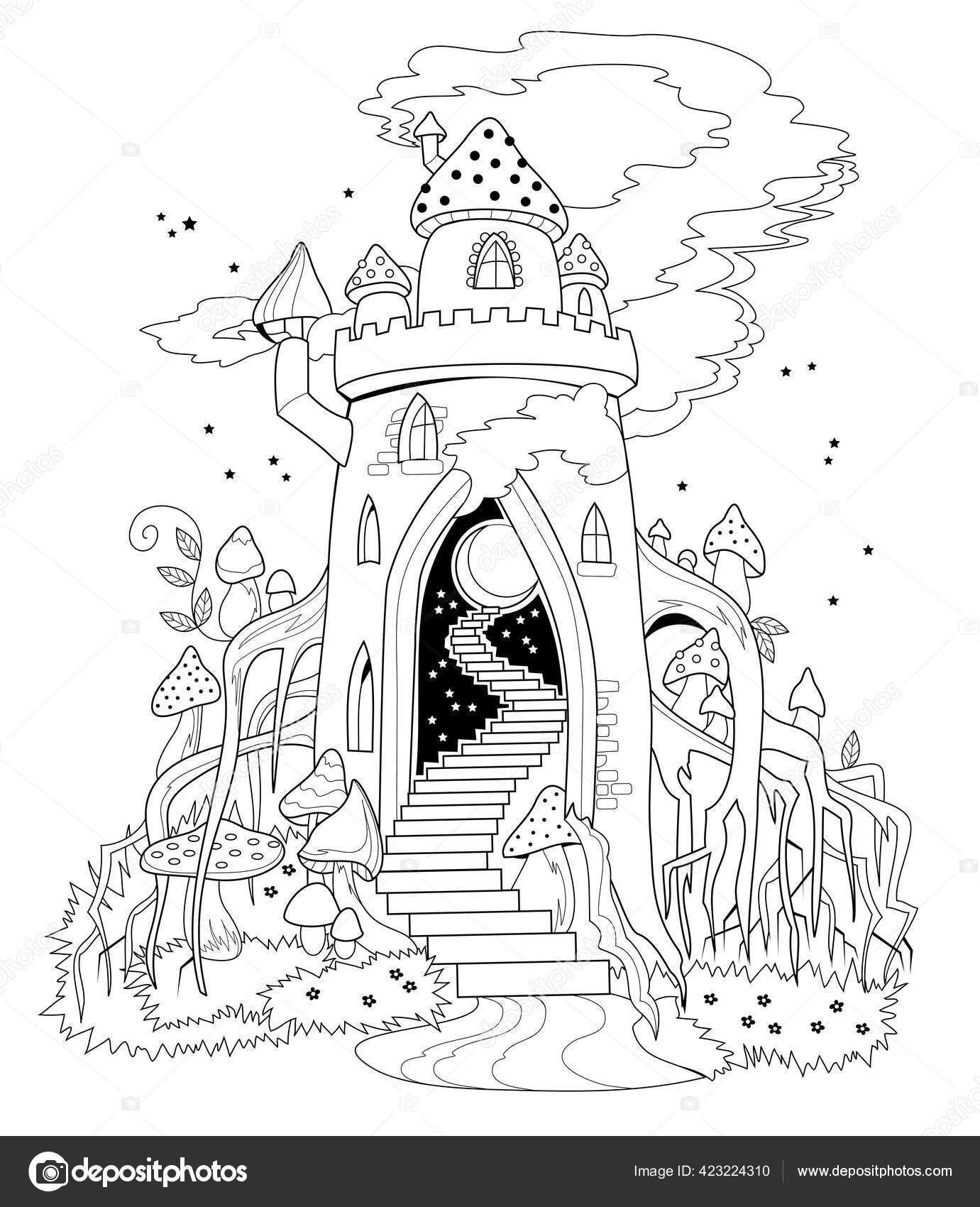 Black white page coloring book illustration fairyland kingdom forest printable stock vector by nataljacernecka