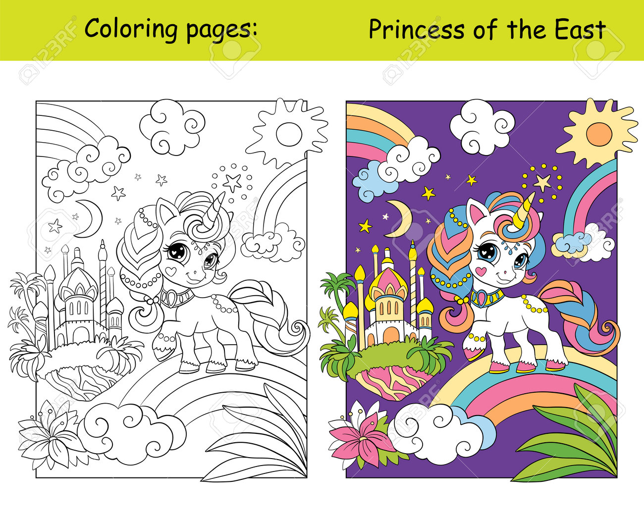 Cute unicorn princess with castle kids coloring book page with colorful template vector cartoon illustration isolated on white background for coloring education print game decor puzzle design royalty free svg cliparts vectors