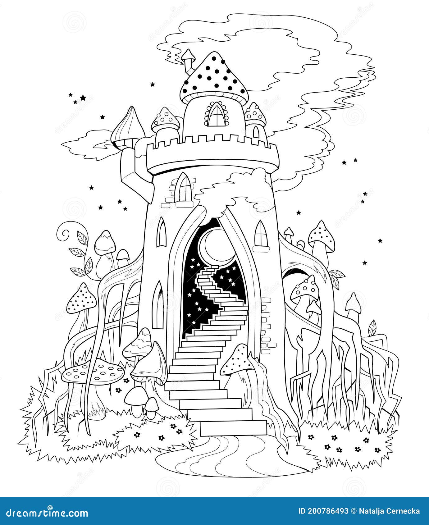 Black and white page for coloring book illustration of fairyland kingdom in forest printable template for kids stock vector
