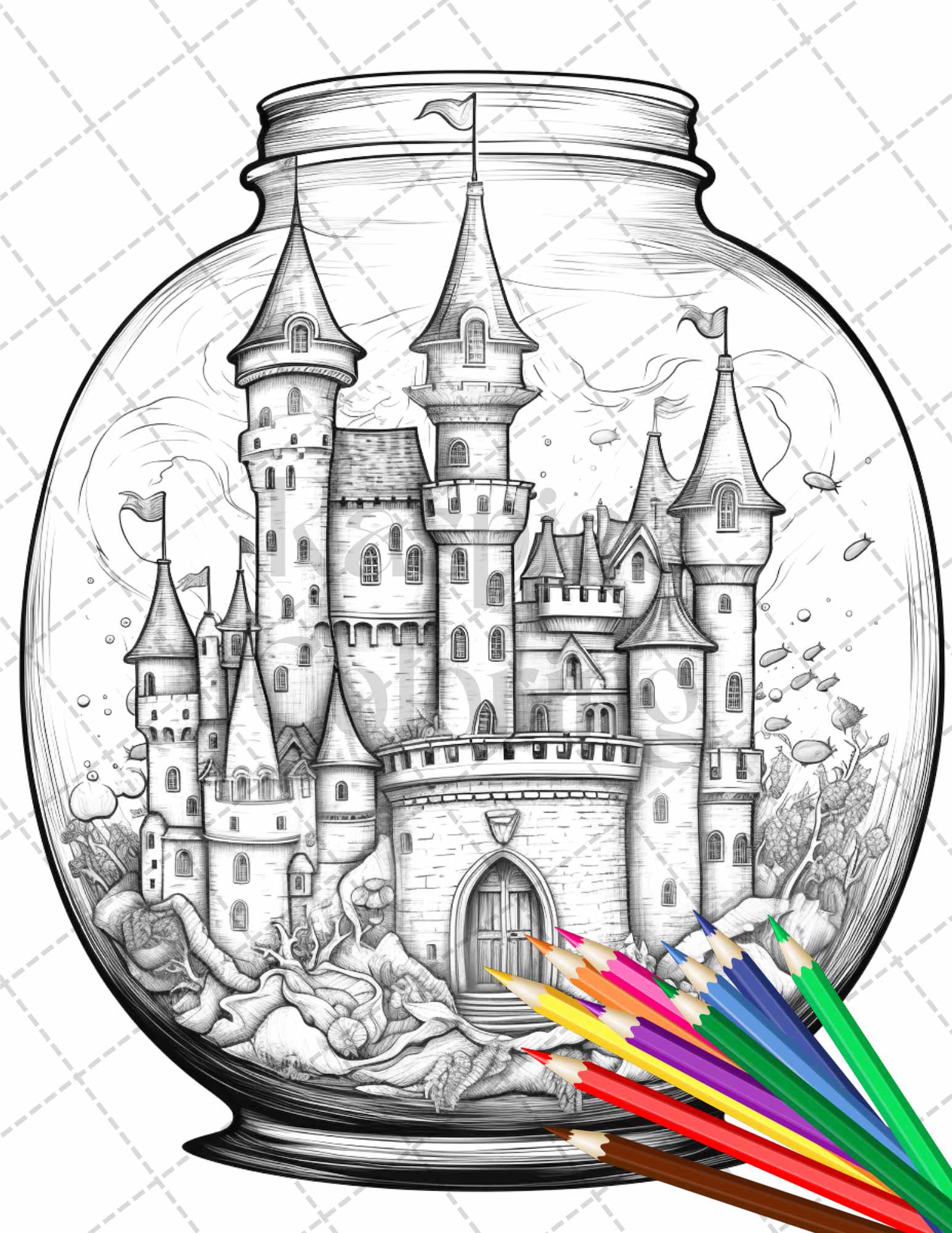 Fantasy castle in jar grayscale coloring pages printable for adults â coloring