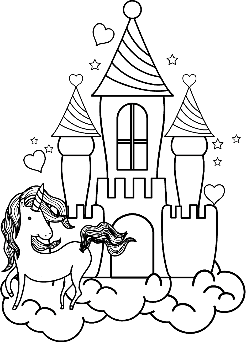 Unicorn and the castle coloring page