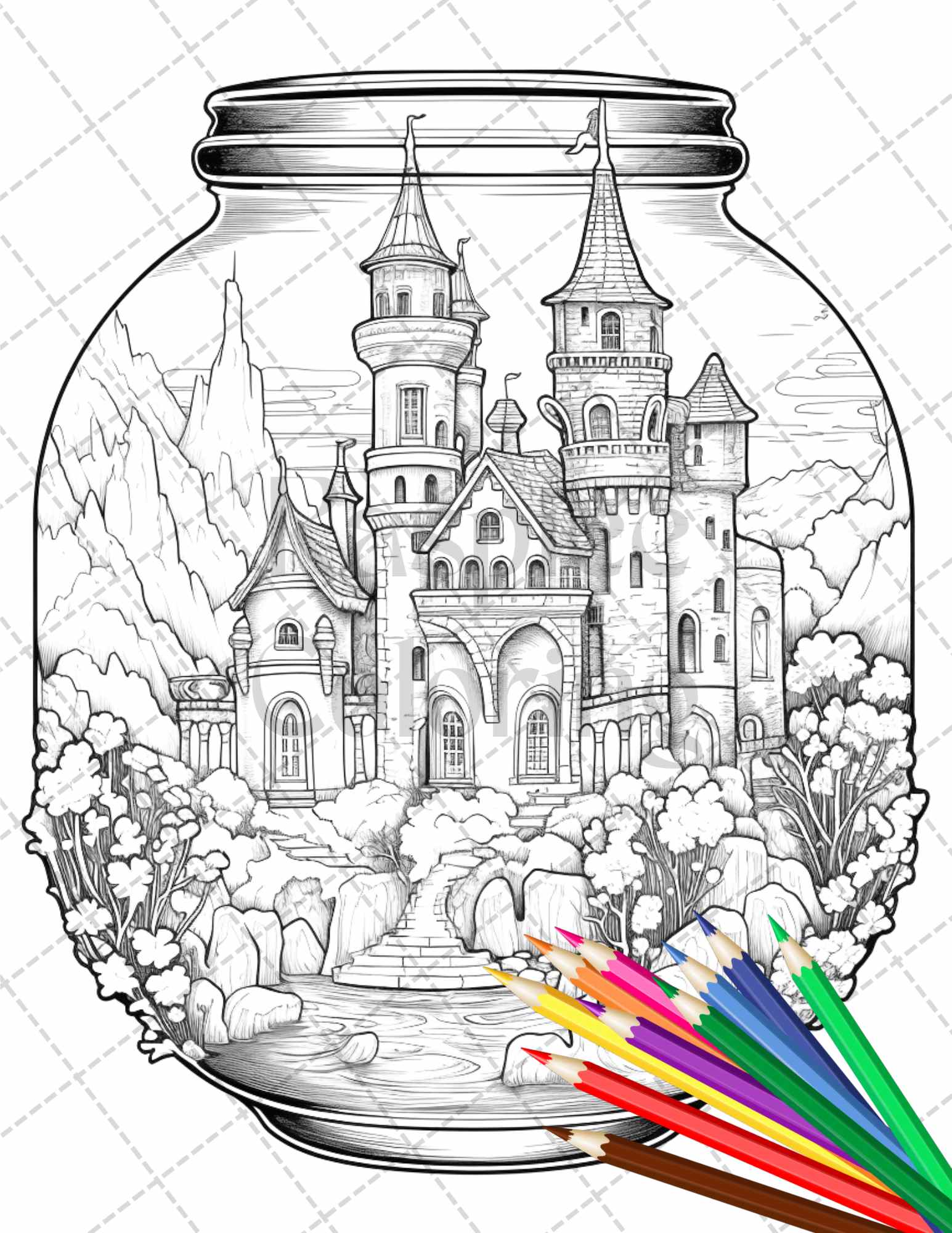 Fantasy castle in jar grayscale coloring pages printable for adults â coloring