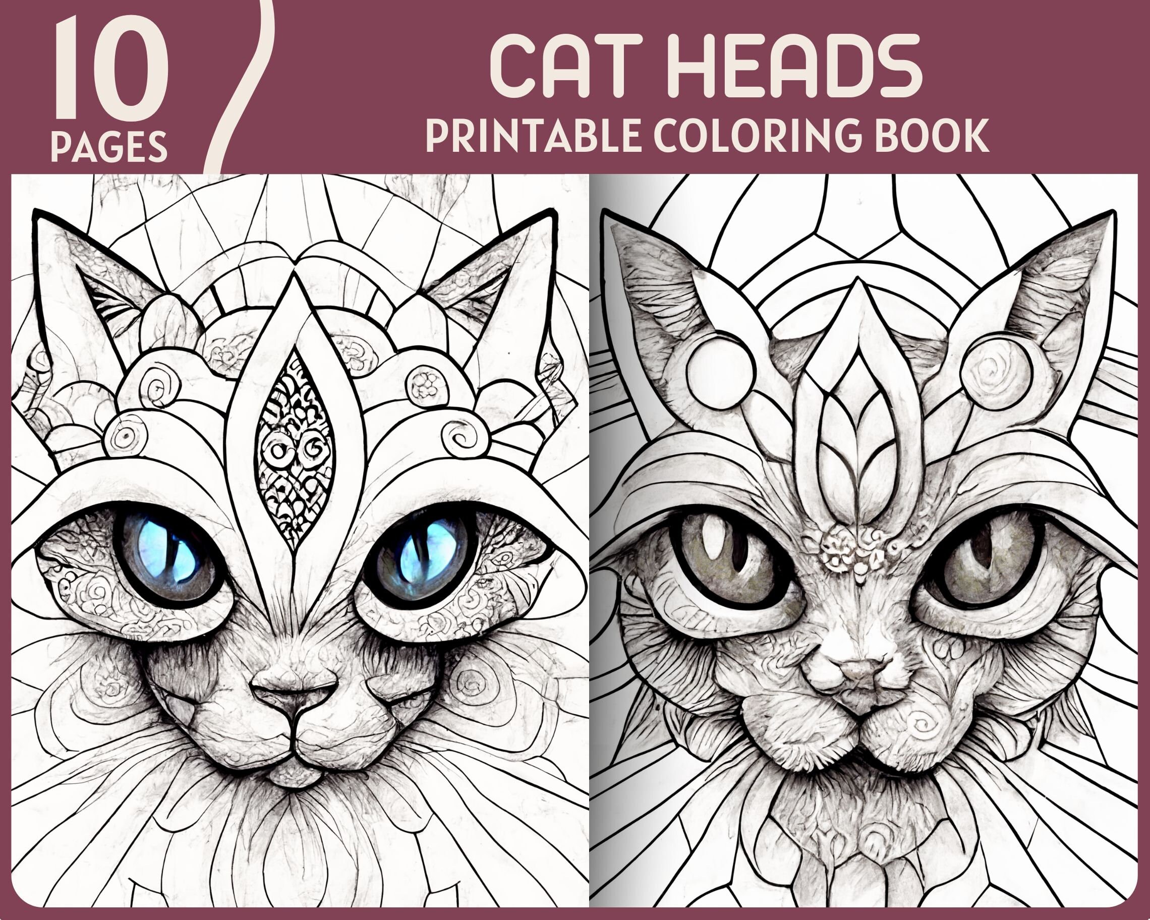 Cat heads coloring pages realistic cats illustrations and mandala design printable coloring book gift for cat lovers