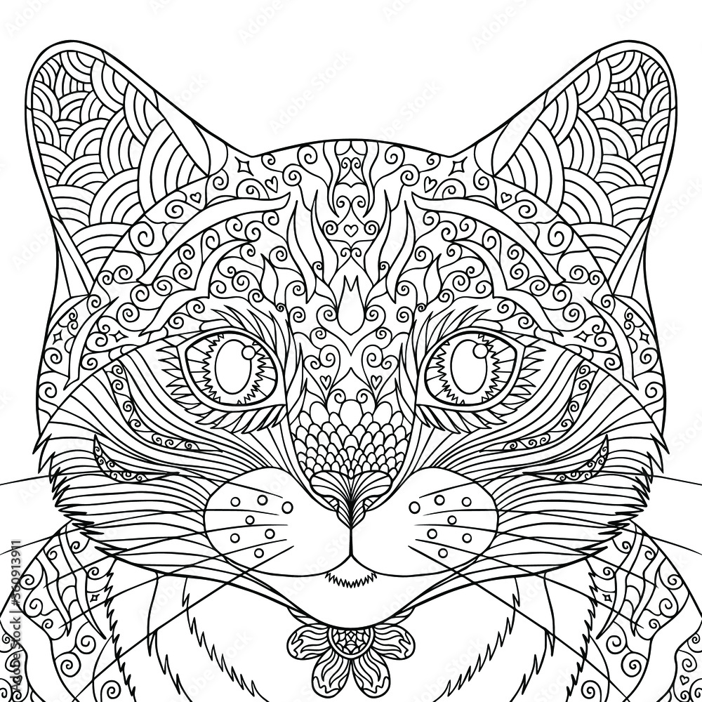 Vecteur vector outline illustration of a cat for print coloring book for adults cats face coloring page line art with doodle and zentagle elements pet portrait kitten with big eyes isolated