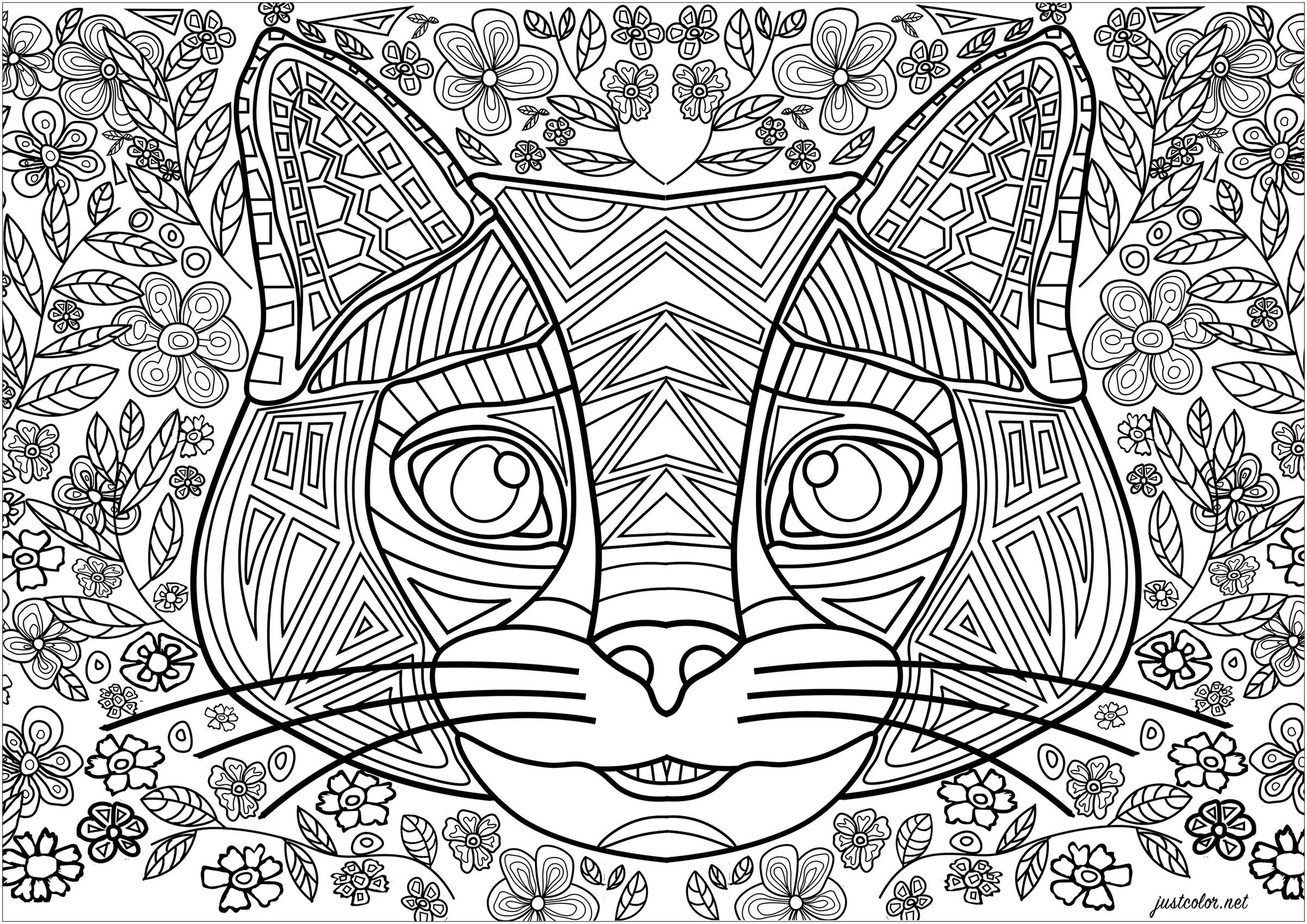 Cat head formed by regular lines with flowered background