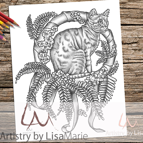 Bengal cat in wreath printable coloring book page â artistry by lisa marie