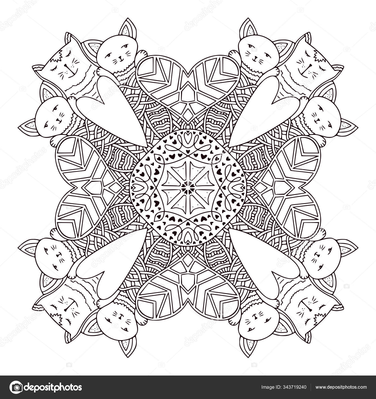 Happy cats mandala coloring book page stock vector by m