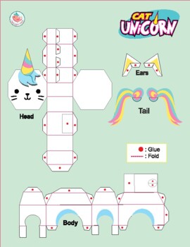 D paper craft cat unicorn paper toy printable template by origami tree