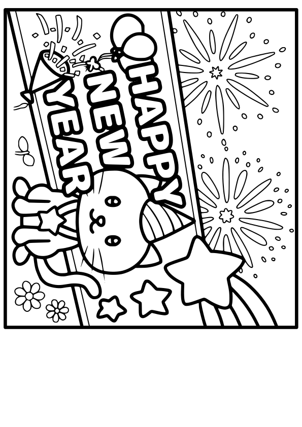 Happy new year cat drawing for coloring page free printable nurieworld