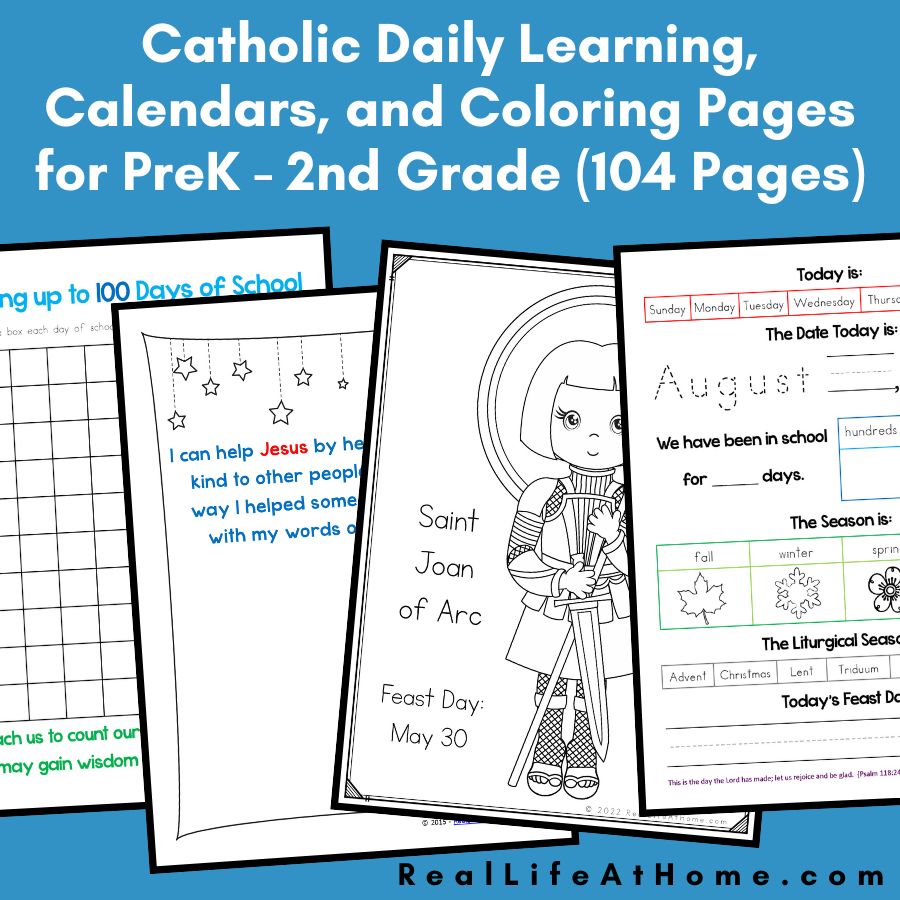 Catholic daily learning notebook calendar and coloring page printables