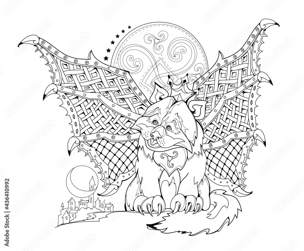 Illustration of little warlike kitten from ancient celtic legend black and white page for kids coloring book print for logo or tattoo sheet for drawing and meditation for children and adults