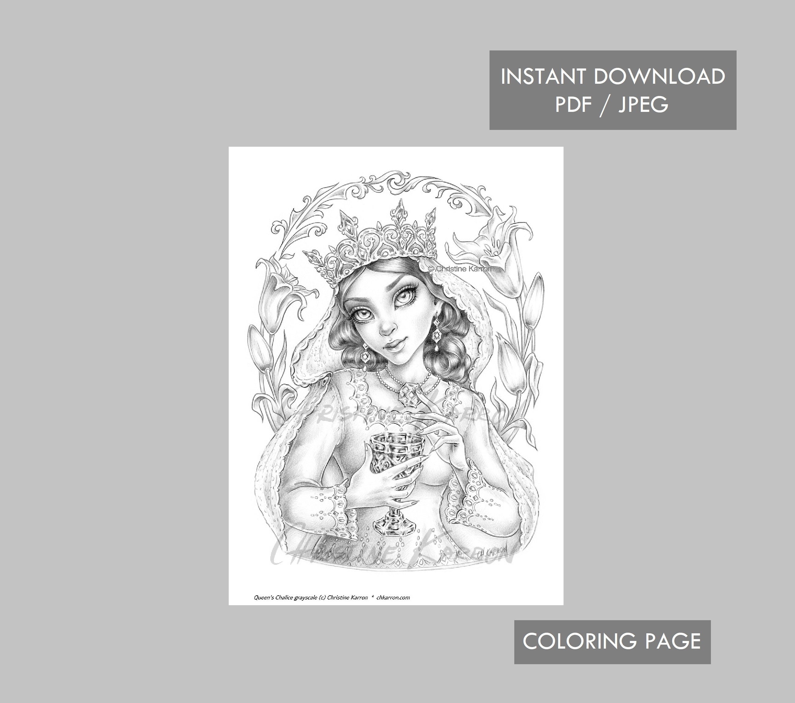 Queens chalice coloring page grayscale illustration instant download printable file jpeg and pdf