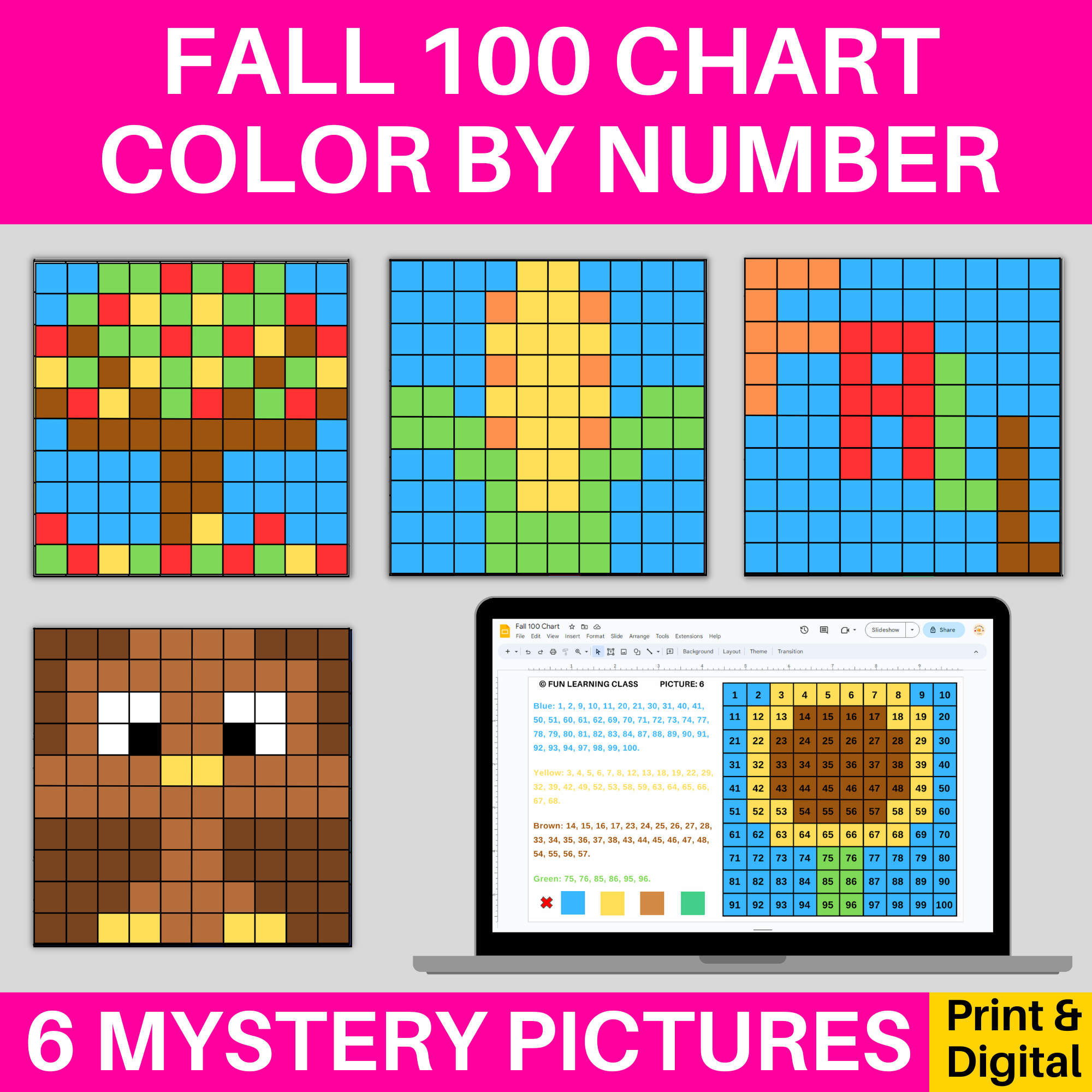 Fall s hundred chart mystery pictures coloring pages digital print made by teachers